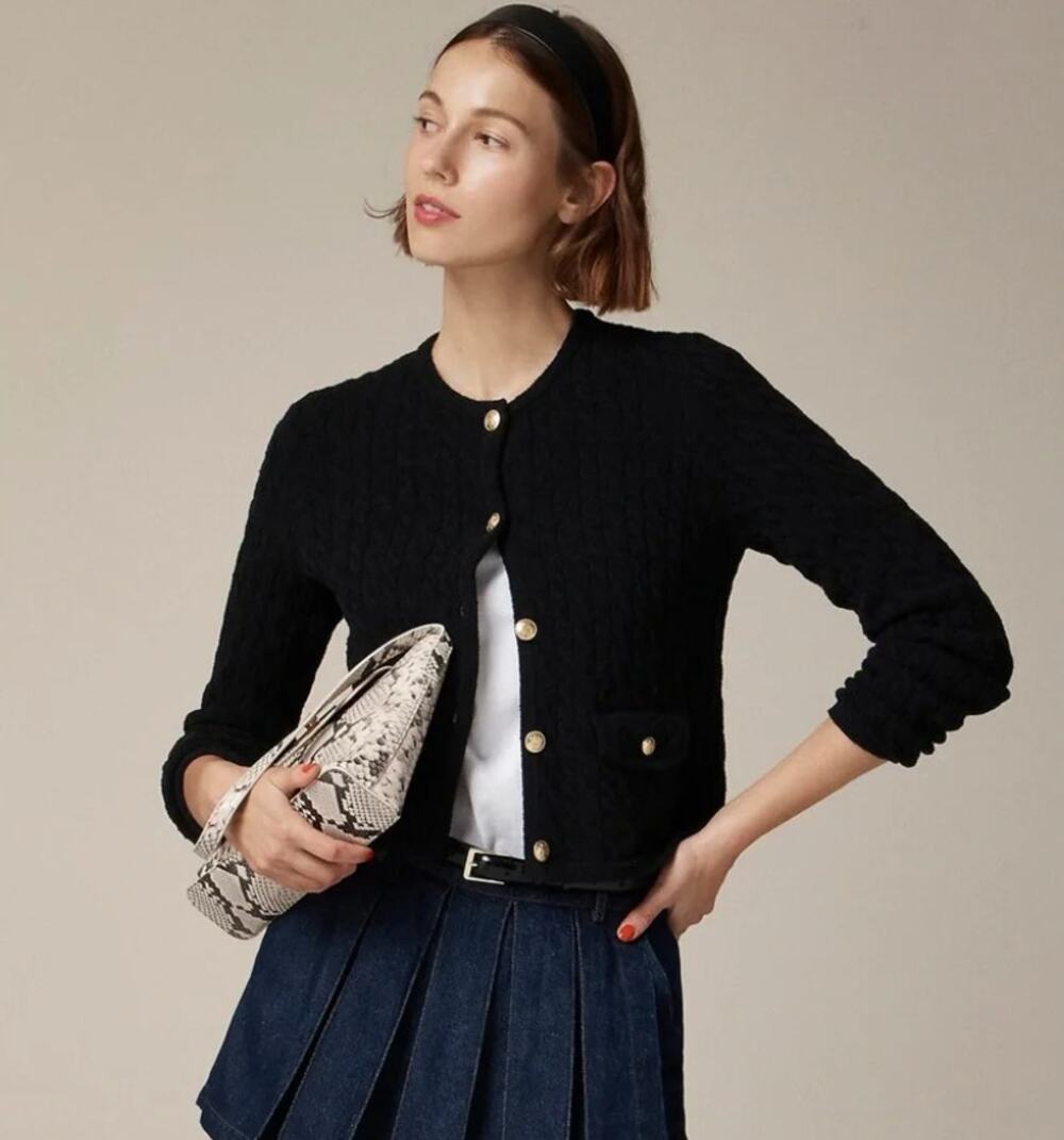 J.Crew Odette cable-knit sweater lady jacket in cotton-blend bouclé Black CB891